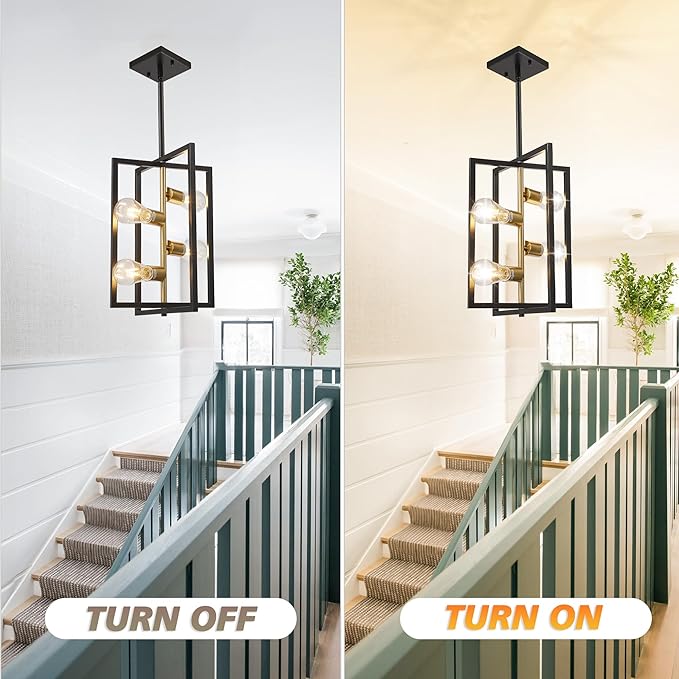 Black and Gold Chandelier Light Fixture: 4-Light Farmhouse Kitchen Island Lighting, Geometric Dining Room Light Fixtures, Rustic Industrial Entryway Chandelier, for Living Room, Bedroom, Foyer