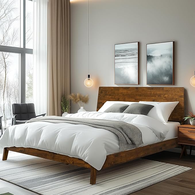 Acacia Serenity Bed Frame with Headboard Solid Wood Platform Bed, Queen Bed Frame, Tall Headboard Wood Bed Compatible with All Mattress Types, No Box Spring Needed, Quick & Easy Assembly, Caramel