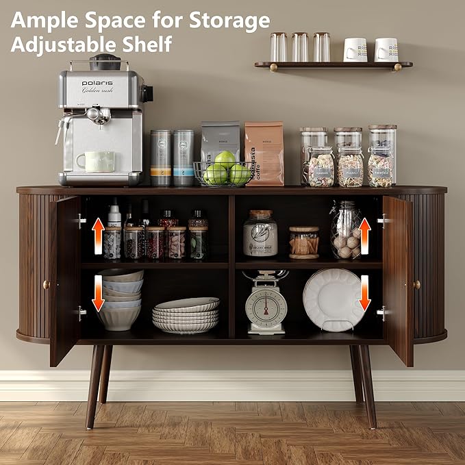 Furniouse 54.4''W Buffet Cabinet with Storage Fluted Sideboard Cabinet with Doors & 4 Shelf Storage for Living Room, Hallway, Kitchen, Mahogany