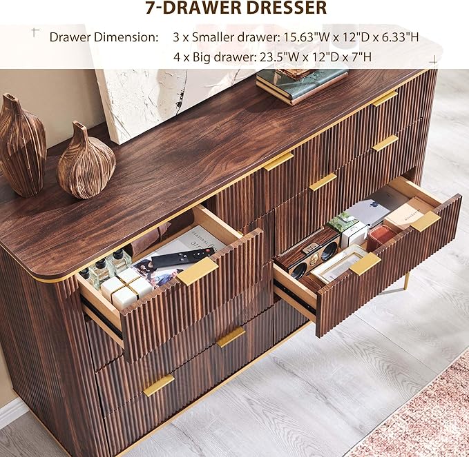 T4TREAM Fluted 9 Drawers Dresser, Modern Wooden Top Chest of Drawers with Curved Profile Design, Dresser TV Stand Drawer Organizers for Bedroom, Living Room, Hallway(Dark Walnut)