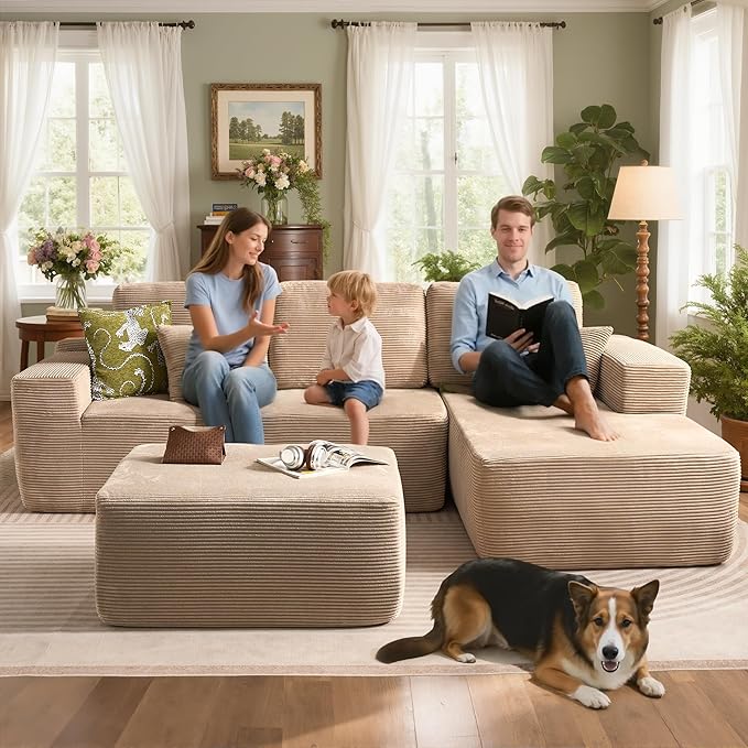 106" Cloud Sectional Couch with L-Shape Chaise & Ottoman, No Assembly Modular Sofa, Deep Seat Corduroy Boneless Couched for Living Room (Camel Stripe Corduroy, Right Facing Chaise with Ottoman)