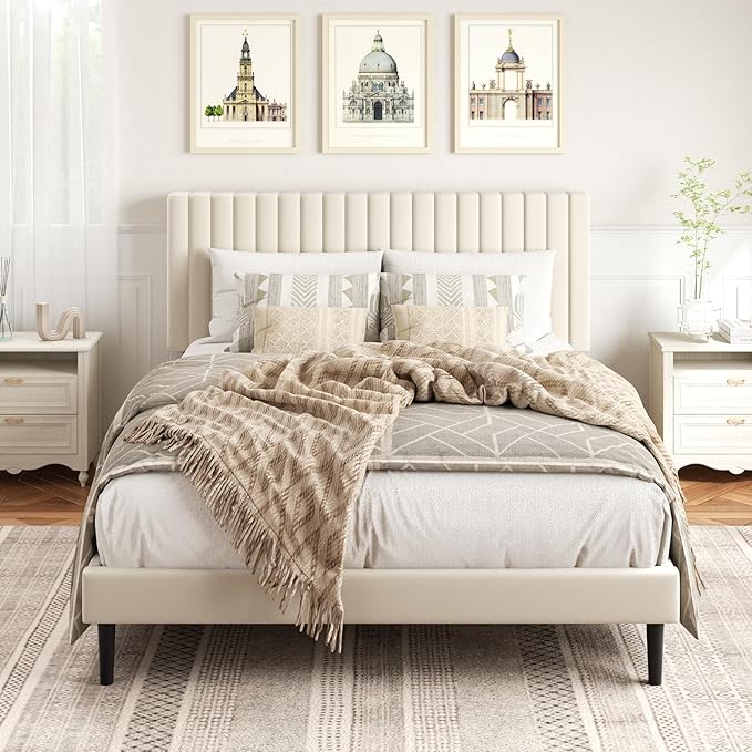 Full Size Platform Bed Frame with Velvet Upholstered Headboard, Full Bed Frame with Strong Wood Slats, Mattress Foundation, Box Spring Optional, Easy Assembly, Beige