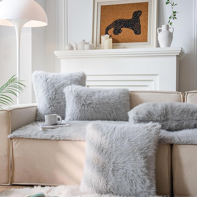 Neelvin Light Grey Faux Fur Cozy Fluffy Double-Sided Decorative Throw Pillow Covers 18x18 inch Set of 2,Velvet Pillowcase Cushion Case for Sofa Couch