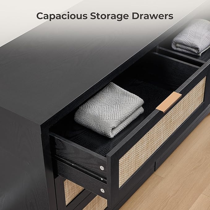 SICOTAS Rattan Dresser for Bedroom, 56.9" Wide 6 Drawer Dresser with Ample Storage, Wooden Dressers Large Chest of Drawers, Closet, Boho TV Stand for Bedroom (Black Oak, 1 Piece)
