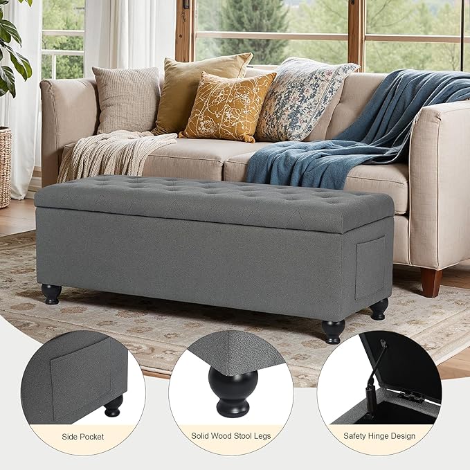 Storage Ottoman Bench 46 Inch Ottoman Bench with Storage Fabric Tufted Benches for End of Bed, Upholstered Ottomans Benches King Size with Hinged Lid for Living Room Bedroom Grey