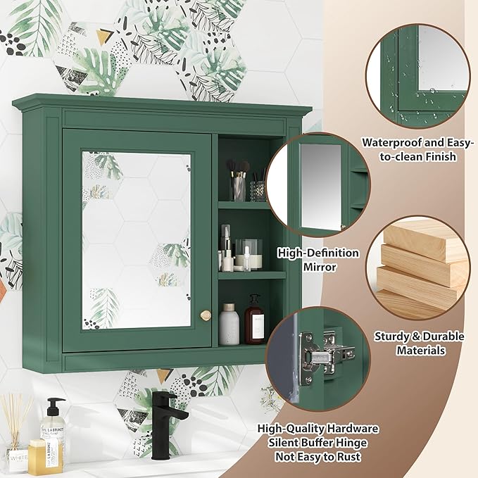 Bathroom Wall Cabinet with Mirror, 30'' x 28'' Medicine Cabinet with Mirror Door and Adjustable Shelves, Over Toilet Storage Cabinet, Wall-Mounted Bathroom Mirrors for Over Sink with Storage
