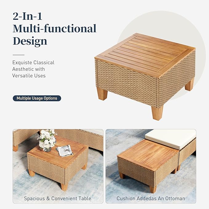 Small Patio Furniture Set, 3 Piece Wicker Outdoor Patio Conversation Set, Outside L-Shaped Sectional Sofa Couch with Chaise Lounge and Coffee Table for Porch Balcony Deck