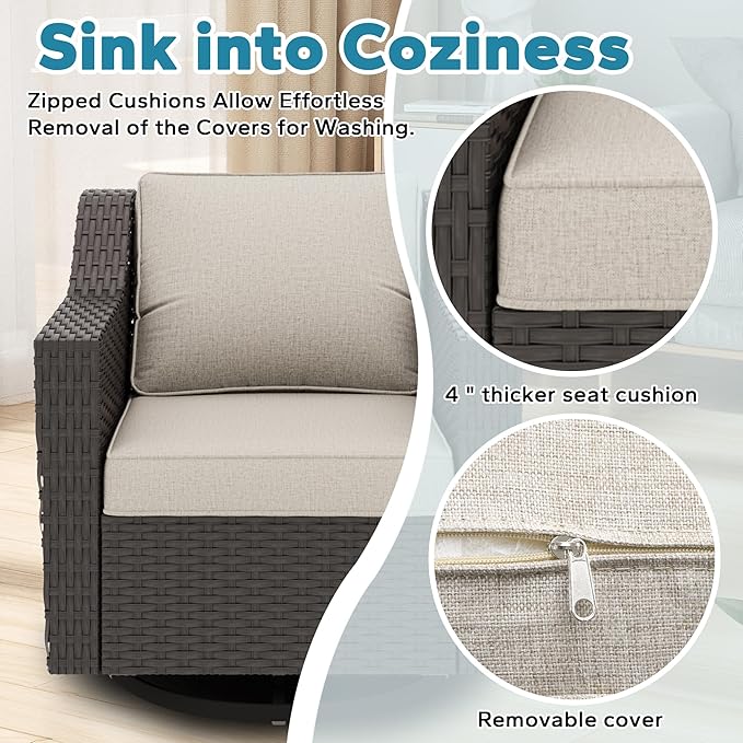 Patio 2 Pieces Wicker Swivel Chairs Set of 2，Outdoor PE Rattan Rocking Glider Armchairs, Water-Resistant Cushions with Removable and Washable Covers, Porch, Balcony, Sunroom (Beige)