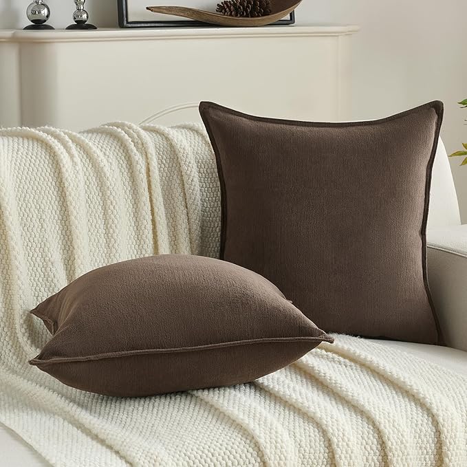 FUTEI Dark Coffee Chenille Throw Pillow Covers 20x20 Inch Set of 2,Edges Double-Stitched Cushion Cases,Modern Home Decor for Couch Living Room