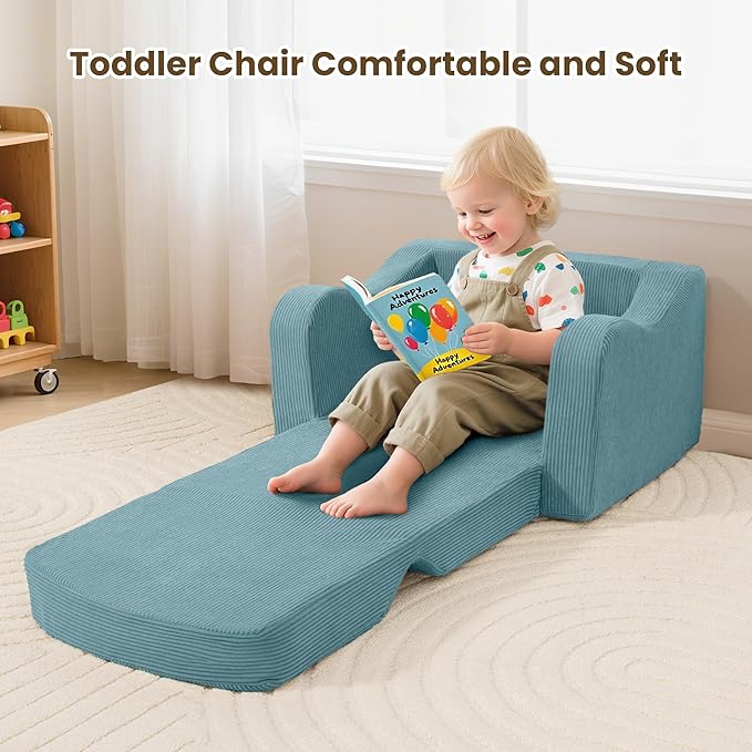 Comfy Toddler Chair for Kids, 2-in-1 Toddler Soft Plush Couch Fold Out, Convertible Kids Couch to Lounger, Baby Sofa for Boys and Girls, Blue