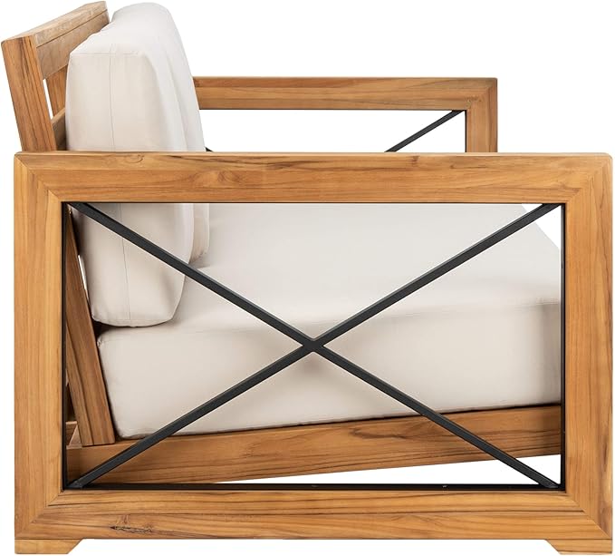 SAFAVIEH CPT1010A Couture Curacao Brazilian Teak Outdoor 3-Seat Patio Sofa, Natural/White