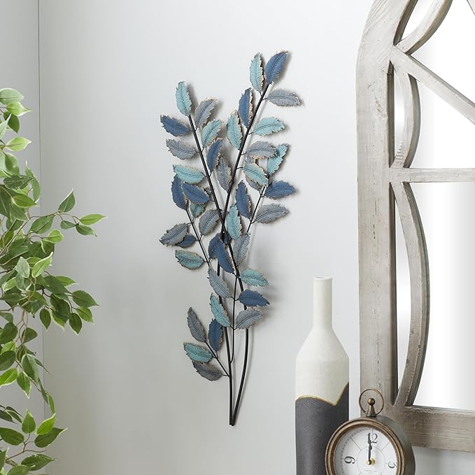 Deco 79 Metal Leaf Home Wall Decor Wall Sculpture with Gold Accents, Wall Art 15" x 1" x 32", Blue