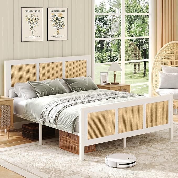 Boho Bed Frame Full, Rattan Full Bed Frames with Headboard, Metal Platform Bed Frame Full Size with Strong Slats Support, No Box Spring Needed, Noise Free, Easy Assembly, White