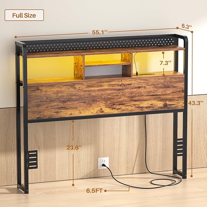 Unikito Headboard for Full Size Bed with Storage Shelf, Head Board with 3 Outlets and 2 USB Ports, Headboards with RGB LED Light, Height Adjustable, Sturdy and Stable, Easy Assembly, Rustic Brown