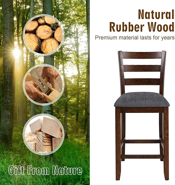 COSTWAY Set of 4 Counter Height Bar Stool, 25.5-Inch Upholstered Bar Stools with Solid Rubber Wood Frame, Foam-Padded Cushion, Footrest, Kitchen Chair for Bistro, Living Room, Grey and Brown