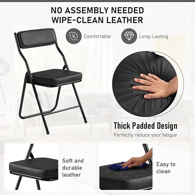 6 Pack Padded Folding Chairs with Cushion, Foldable Dining Chair Set Portable Indoor Outdoor Stackable Folding Chairs with Steel Frame for Home Office Events Wedding Party Black