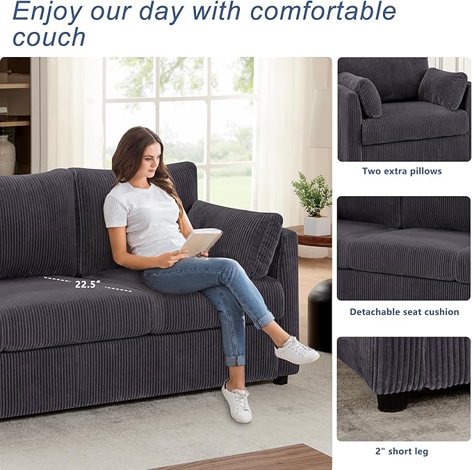 79 inch Sofa for Living Room,Mid Century Modern Couch with Big Pockets, Corduroy Couch with Three Cushions and Solid Wood Frame for Apartment and Small Spaces (Grey, Sofa)