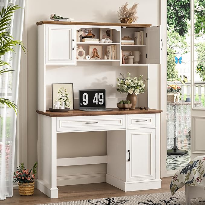 Farmhouse 47" Executive Desk with Hutch, 2 Drawers and LED Light, Computer Desk with Storage Cabinet and Charging Station,Workstation for Home Office and Study.Unique White