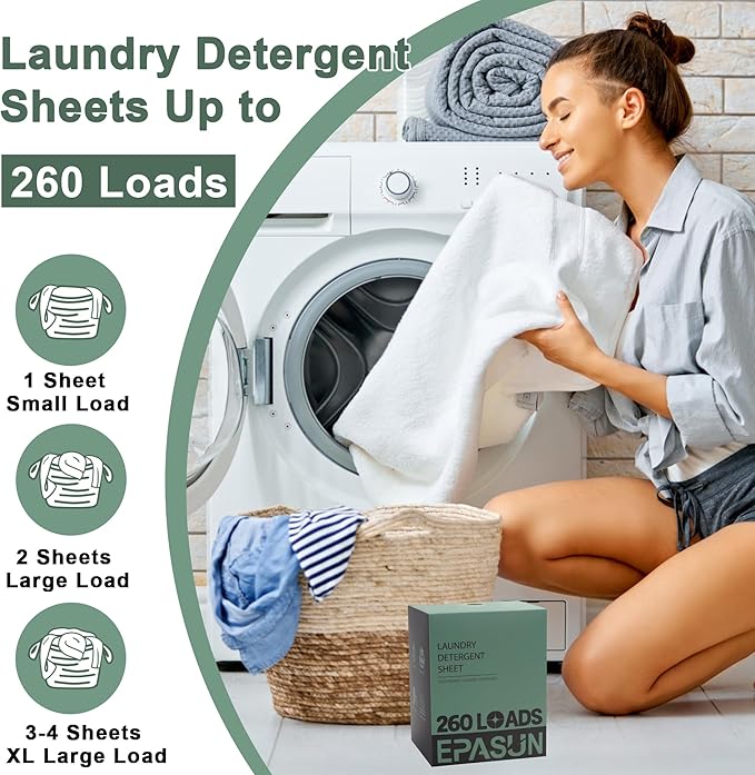 Laundry Detergent Sheets 260 Loads, Fresh Scent, Eco-Friendly Liquidless Soap Strips, Plant-Based, Hypoallergenic Washing Supplies