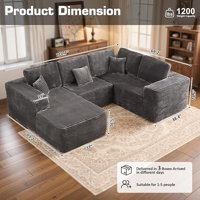 Weaxty Boneless Sectional Couch, U Shaped Modular Cloud Couches with Chaise, Plush Corduroy Memory Foam Deep Seat Floor Sofa, No Assembly Required，Gray