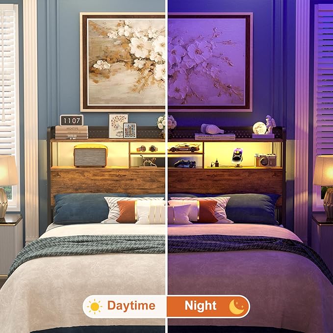 Unikito Headboard for King Size Bed with Storage Shelf, Head Board with 3 Outlets and 2 USB Ports, Headboards with RGB LED Light, Height Adjustable, Sturdy and Stable, Easy Assembly, Rustic Brown