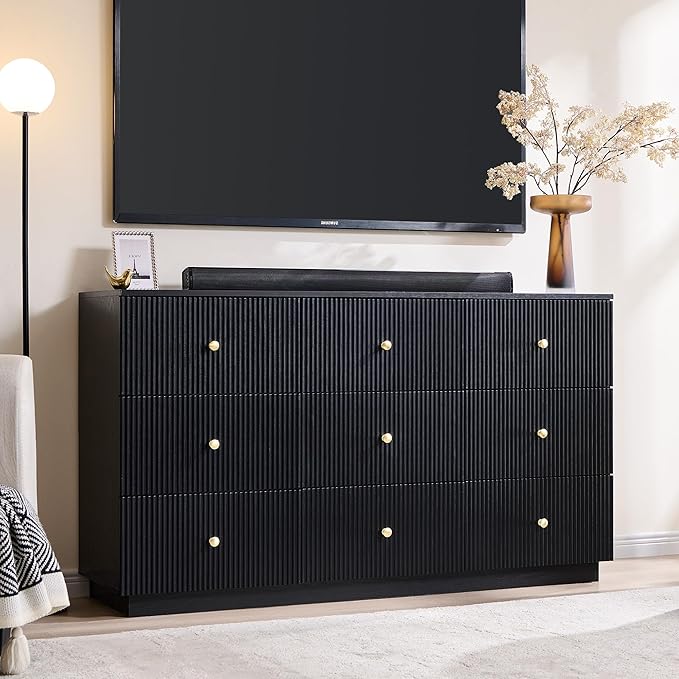 Fluted Dresser for bedroom, 55"W Black 9 Drawer Dressers, Wood Tall Dresser Storage Organizer, Modern Bedroom Chest of Drawers with Deep Storage for Closet Hallway, Entryway, Living Room Black