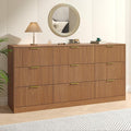 Fluted Dresser for Bedroom with 9 Drawer, 63” Wide Wooden Dresser Mid Century Chest of Drawers with Handle, Dressers TV Stand Storage Organizer for Bedroom, Living Room, Natural Wood