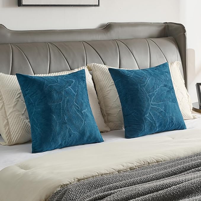 FUTEI Navy Blue Velvet Throw Pillow Covers 26x26 Inch Set of 2,Soft Embossed Leaf-Relief Textured Euro Pillow Shams,Natural Home Decor for Couch Living Room