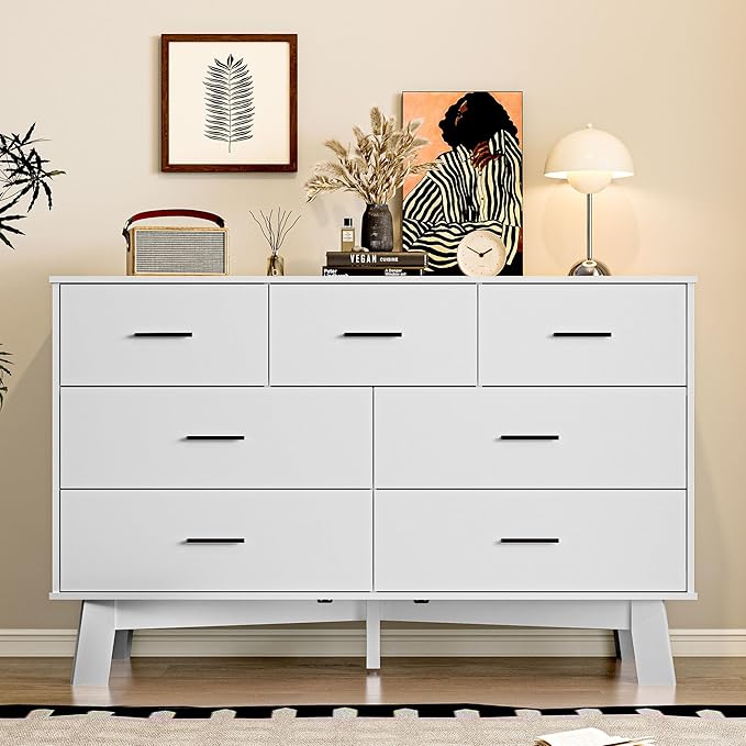 Dresser for Bedroom with 7-Drawer, 47.2" Wide Modern Chest of Drawers with Metal Handles, X-Shape Base & Adjustable Center Leg, Anti-Tip Closet Organizers and Storage