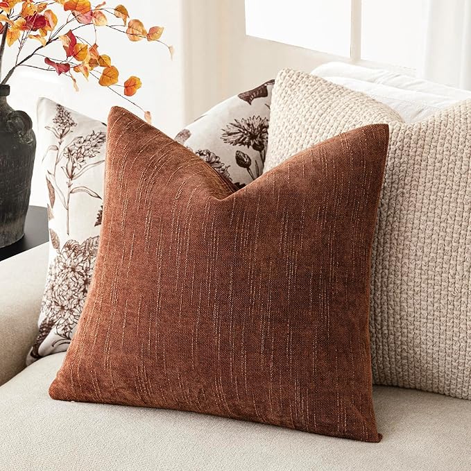 Foindtower Pack of 2 Soft Textured Chenille Throw Decorative Pillow Covers Square Accent Solid Cushion Cover Cozy Neutral Farmhouse Pillow Case for Couch Sofa Bedroom Living Room 26x26 Inch,Red Taupe