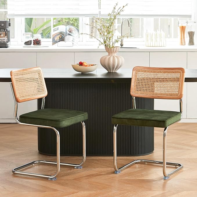 Green Rattan Dining Chairs Set of 4, Wooden Mid Century Modern Kitchen Chairs, Mesh Back Cane Dining Room Chair, Cesca Design Chairs with Metal Chrome Legs