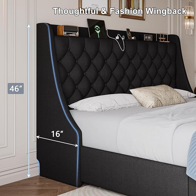 King Size Upholstered Platform Bed Frame with 4 Storage Drawers and Charging Station, Linen Button Tufted Wingback Headboard, Sturdy Wooden Support Slats, No Box Spring Needed, Black