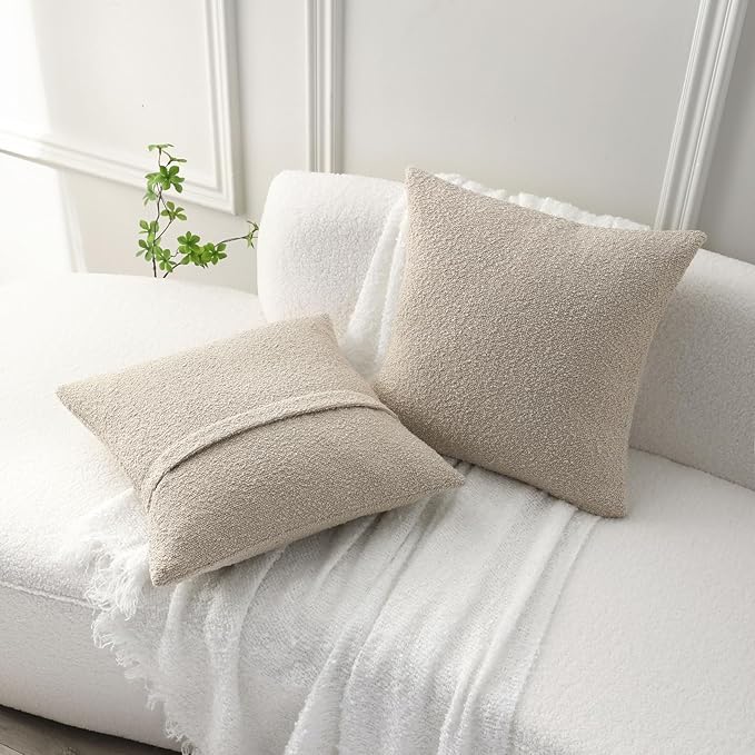 FUTEI Pack of 2 Oatmeal Decorative Throw Pillow Covers 22x22 Inch Soft Cozy Solid Boucle Textured Cushion Case,Modern Home Decor for Couch Bed Living Room