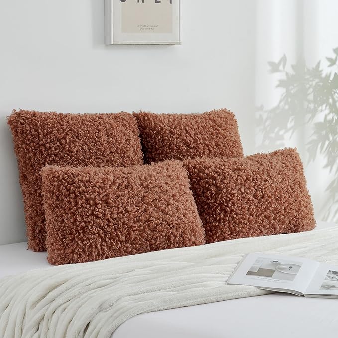 FUTEI Rust Decorative Throw Pillow Covers 18x18 Inch Set of 2,Soft Fluffy Faux Wool Fur Boucle Textured Cushion Case,Modern Home Decor for Couch Bed Living Room Office