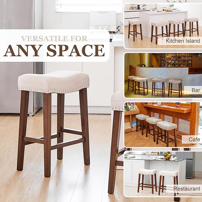 PrimeZone Counter Height Bar Stools Set of 4 - Backless Saddle Barstools with 4.3" Thick Upholstered, Nailhead Trim Linen Fabric & Solid Wood Legs, 26 Inch Counter Stools for Kitchen Island, Beige