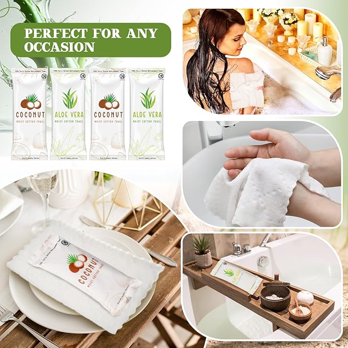 Timgle 50 Pcs Moist Towelettes Individually Wrapped Scented Disposable Face Towels Essential Oil Infused Moist Terry Cotton Towel for Use Hot or Cold Travel Body Spa (Aloe Vera, Coconut)