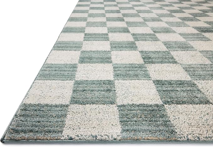 Loloi Chris Loves Julia Calvin Collection CLV-01 Blue/Ivory 5'-3" x 7'-6" Area Rug Checkered Neutral Soft Living Room Bedroom Carpet