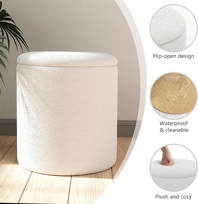 Ottoman Poufs with Storage, Set of 2 Soft Upholstered Vanity Stool,Multifunctional Ottomans Coffee Table Padded Seat Foot Rest for Living（White, Pack of 2）