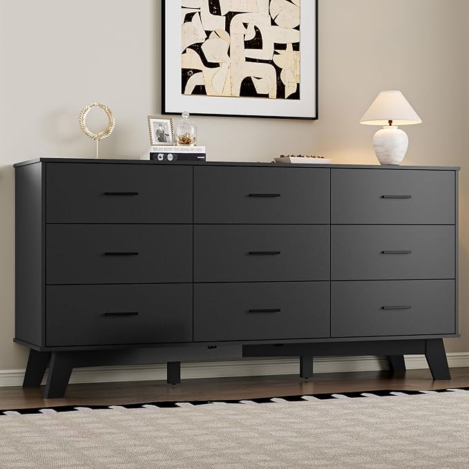 Dresser for Bedroom with 9-Drawer, 59" Wide Modern Chest of Drawers with Metal Handles, X-Shape Base & Adjustable Center Leg, Anti-Tip Closet Organizers and Storage