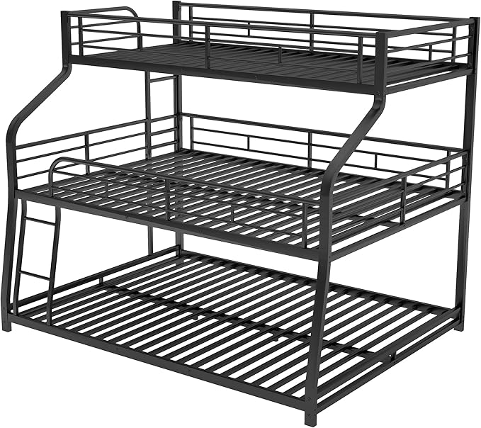Twin XL/Full XL/Queen Triple Bunk Bed with Long and Short Ladder & Full-Length Guardrails,3 Bed Frame in 1 w/Stairs,Easy Assembly,for Adult Kid Boy Girl Teen,Black