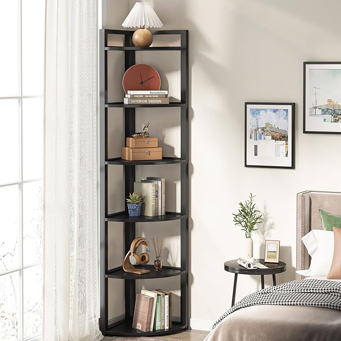 Tribesigns 6 Tier Corner Shelf, 70.9 Inch Tall Corner Bookshelf Small Bookcase Modern Corner Shelving Unit Storage Rack for Living Room, Home Office, Kitchen, Small Space (Black)