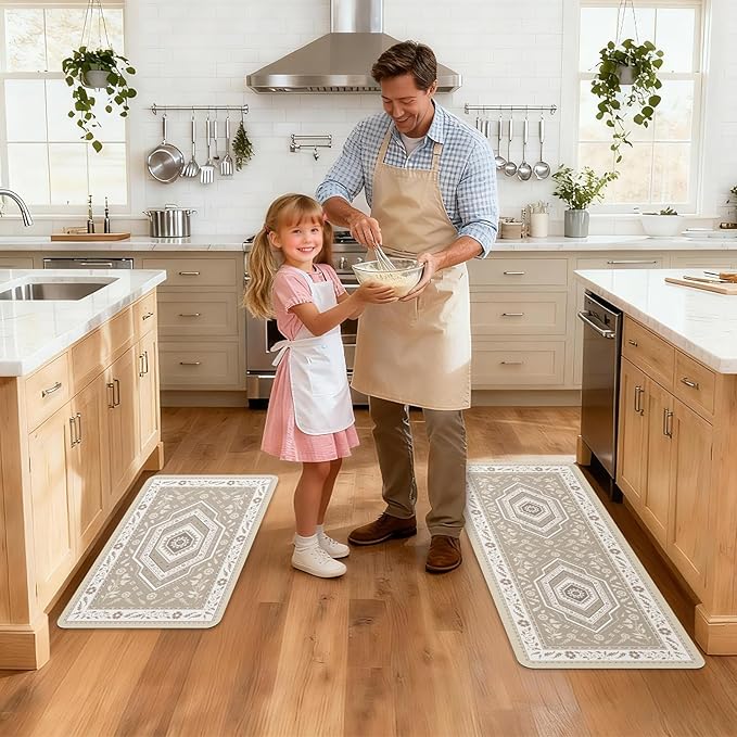 ArtyCozy 2 Piece Boho Kitchen Rug Set, Non-Slip Super Absorbent Kitchen Mats for Floor with Rubber Backing, Stain Resistant Runner for Hallway Laundry Holiday Decor, Khaki, 20" × 32'' Plus 20'' × 47''