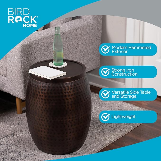 BIRDROCK HOME 20 in Metal Storage Side Table | Hammered | 15.96 in D | End Tables | Home Furniture | Removable Lid | Copper Antique