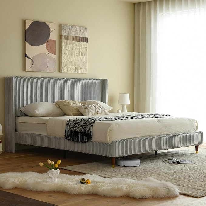 PINJU King Size Bed Frame, Upholstered Platform Bed with Modern Vertical Striped Wingback Headboard with Wooden Slats, Easy to Assemble No Noise Free (Grey, King (U.S. Standard))