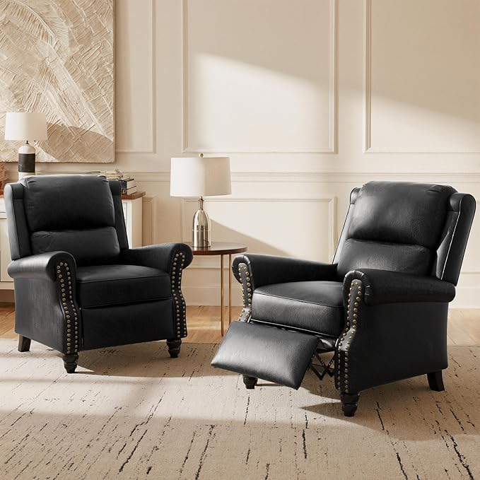 Lumibee Pushback Recliner Chair,Upholstered Wingback Chair for Small Spaces,2 Set of PU Leather Armchair for Living Room,Single Sofa Accent Chair Reading Seat for Balcony,Bedroom-Black