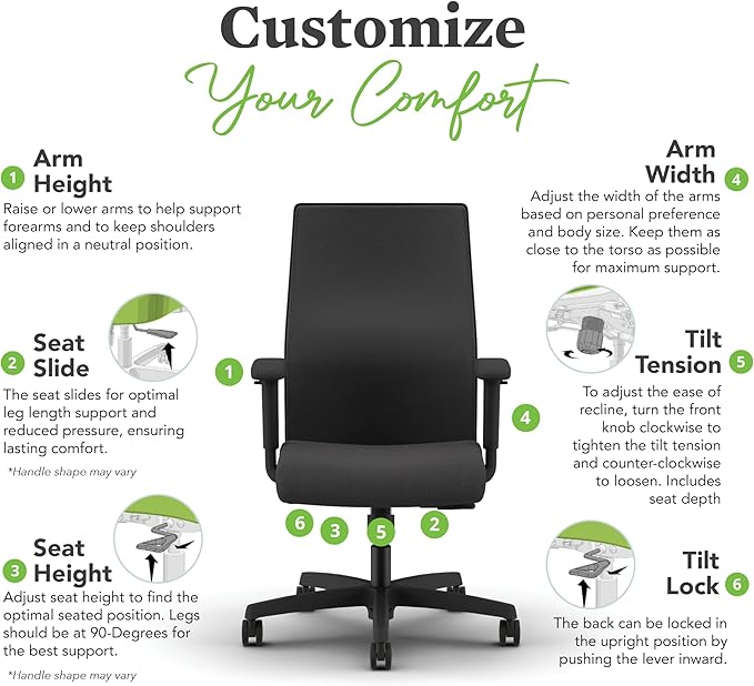 HON Ignition 2.0 Mid Back Task Chair, Standard Synchro-Tilt Control, Office Chair with Lumbar Support, Height and Width Adjustable Arms, Black Frame, Frost