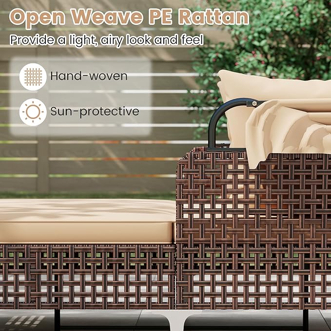 HAPPYGRILL Outdoor Daybed with Retractable Canopy, PE Wicker Rattan Patio Double Chaise Lounger with Cushions, Outside Sunbed Furniture for Garden, Poolside and Backyard (Beige)