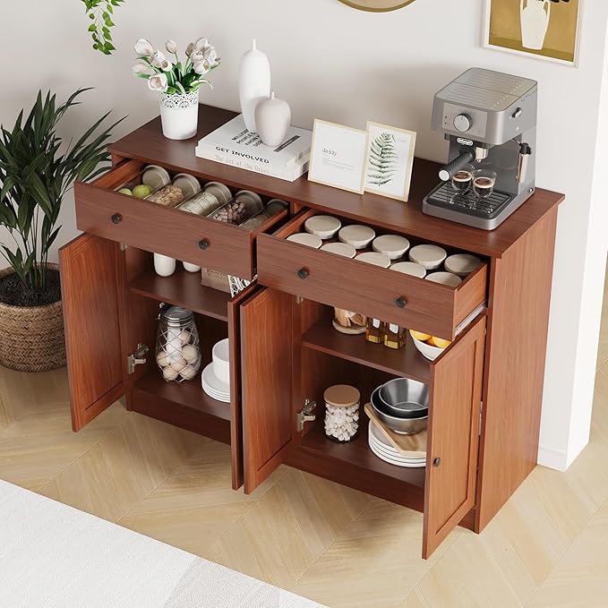 49" Brown Buffet Cabinet with Doors & Drawers, Modern Kitchen Storage Sideboard, Coffee Bar Console for Dining Room, Living Room, Entryway