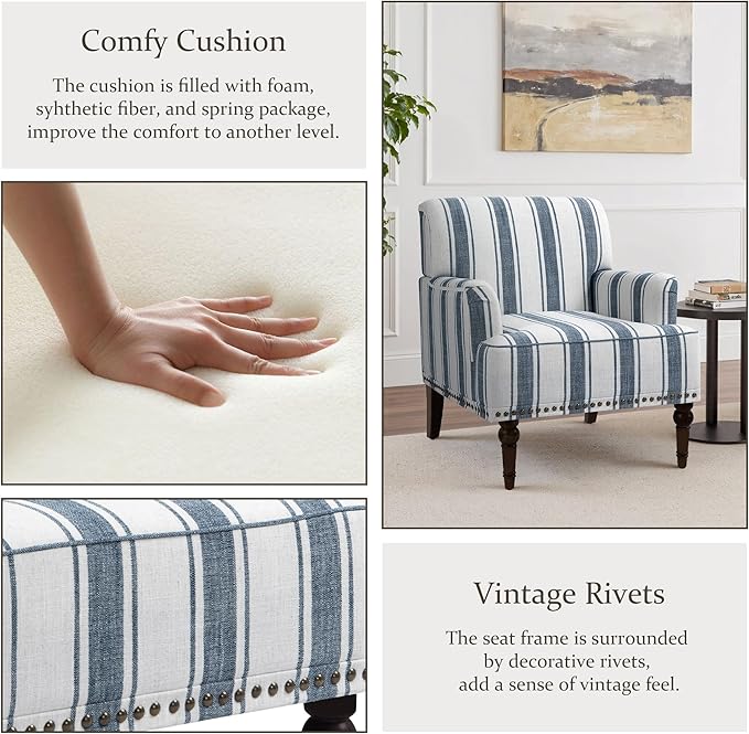 Pia Ricco Stripe Accent Chairs 2 Pack - Modern Nailhead Trim Armchairs with Wood Legs, Comfy Living Room Bedroom Home Office Seating-Blue