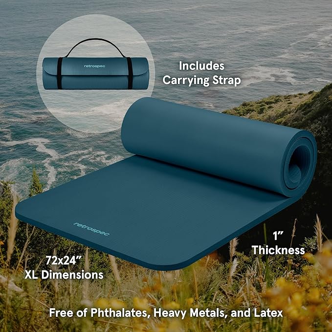 Retrospec Solana Yoga Mat 1" Thick With Nylon Strap For Men & Women - Non Slip Exercise Mat For Home Yoga, Pilates, Stretching, Floor & Fitness Workouts